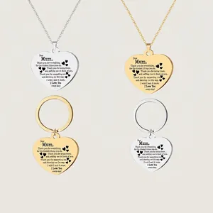 Heart Pendant Necklace And Keychain Stainless Steel Engraved Mother Poem Vintage Gift For Women