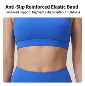 Détail d'un soutien-gorge de sport bleu montrant la bande élastique anti-glissement