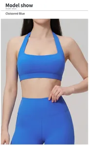 Vue détaillée du soutien-gorge de sport dos nu et du legging taille haute bleu cloisonné