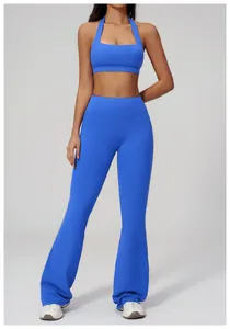 Ensemble soutien-gorge de sport dos nu et legging évasé bleu roi pour le fitness
