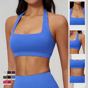 Brassière de sport bleu roi dos nu, col carré, coussinets amovibles et élastique