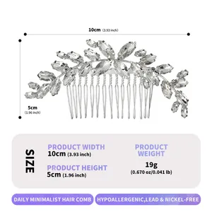 Silver bridal hair comb with marquise crystal leaves and 10cm wide metal teeth
