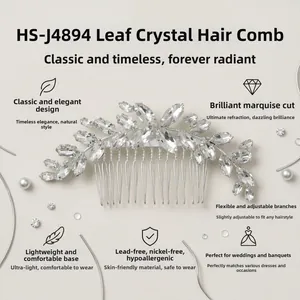 Macro detail of silver marquise rhinestone hair comb with flexible leafy vine design