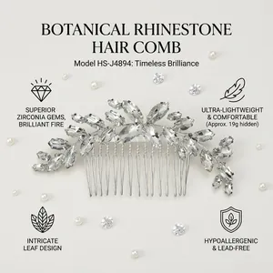 Detail of silver bridal hair comb featuring marquise rhinestones and leaf-shaped design
