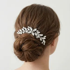 Silver Alloy Marquise Rhinestone Leaf Bridal Hair Comb Elegant Wedding Party Hair Accessory For Women Headpiece Jewelry