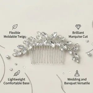 Silver bridal hair comb with marquise rhinestones and adjustable crystal branches