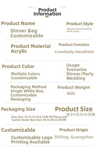 Detailed size and weight specifications for acrylic evening bag 18.5x12.5x4.5cm