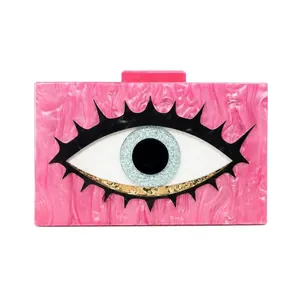 Pink marble acrylic eye clutch bag with gold glitter and detachable chain strap