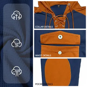 Men's navy waffle knit hoodie with orange accents and drawstring collar design
