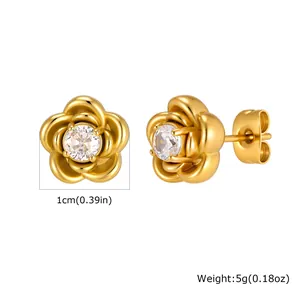Detail view of 1cm gold flower stud earrings showing exact size and weight metrics