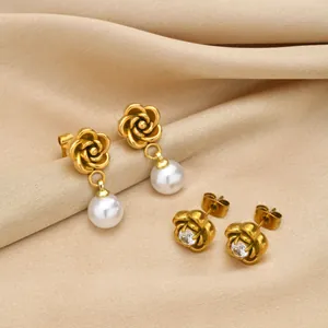 Stainless Steel Gold Plated Camellia Rose Flower Faux Artificial Pearl Drop Earrings For Women Elegant Fashion French Style Jewelry