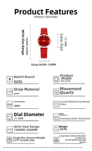 Detailed spec sheet showing a 31.7mm red leather watch with quartz movement specs