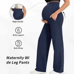 Pantalon de grossesse large bleu marine avec taille haute et soutien du ventre