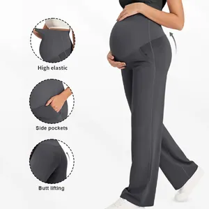 Détails de la taille élastique et des poches latérales sur pantalon de yoga grossesse