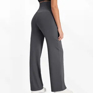 Vue détaillée du pantalon de maternité à taille haute et jambe large gris foncé