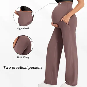 Vue détaillée du pantalon de yoga maternité taille haute avec soutien du ventre et poches
