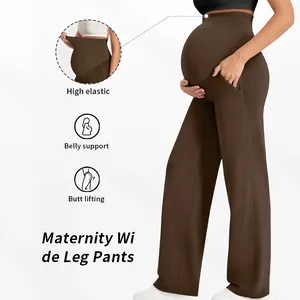 Pantalon de grossesse marron foncé à jambes larges avec soutien du ventre élastique