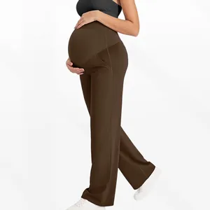 Pantalon de maternité large avec soutien abdominal taille haute en maille marron