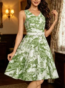Robe trapèze sans manches à col en V avec motif Toile de Jouy vert et ceinture assortie