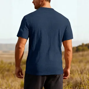 Men's navy blue textured jacquard short sleeve T-shirt with premium knit finish