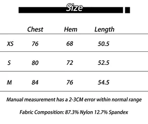Size chart showing bust and length for slim fit elastic short sleeve sports t-shirt