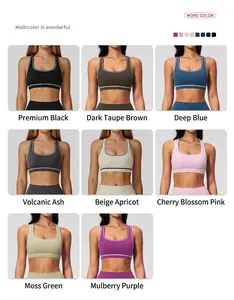 Detail view of U-neck sports bra with contrast piping and a multi-color selection palette