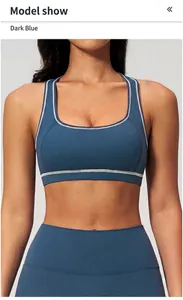 Detailed view of dark blue sports bra with white contrast stitching and soft texture