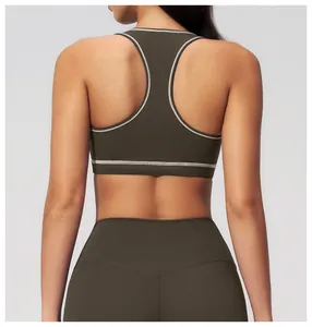 Detail of the racerback sports bra with contrast stitching and matte finish