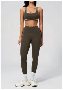 Full-body shot of two-piece olive green yoga set with racerback bra and high-waist leggings
