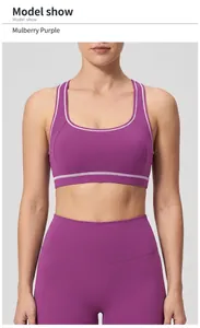 Detail of mulberry purple yoga set with white contrast stitching and U-neck sports bra