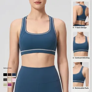 Contrast stitching racerback sports bra with removable pads and high-support fit