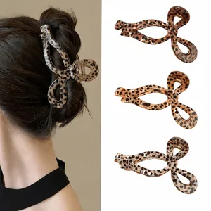 Vintage Acetate Leopard Print Hair Claw Clip For Women Large Bow Shape Tortoiseshell Nonslip Shark Clip Hair Accessories