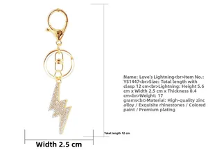 Detailed size specifications of the gold lightning rhinestone keychain for bags