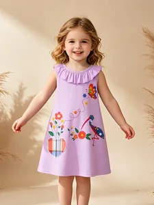 Robe sans Manches en Coton pour Filles Col Volanté Imprimé Oiseau Papillon Été Décontracté Robe de Princesse Trapèze