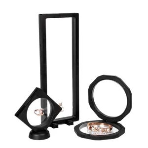 Black PE film floating jewelry display boxes with stands in multiple shapes