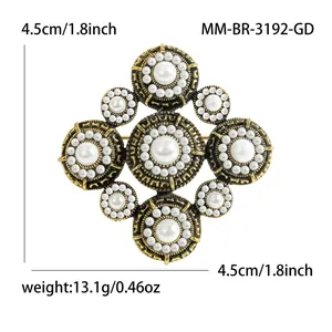 Vintage baroque cross brooch with white pearls and gold metal finish 4.5cm