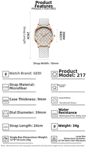 Detailed specifications of the GEDI women's watch with dimensions and quartz features