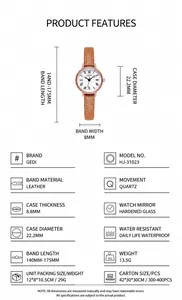 Specifiche dell'orologio al quarzo vintage con cinturino in pelle marrone e cassa oro rosa
