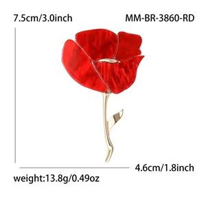 Elegante rode klaproos broche met marmeren textuur en goudkleurige blad afwerking