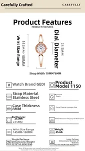 Detailed specification chart for GEDI luxury rose gold rhinestone quartz watch