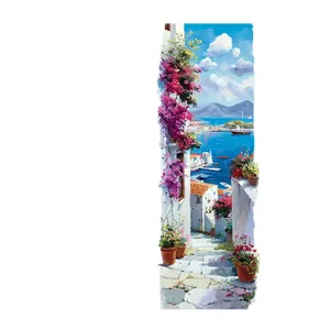 Vertical wall decal with Mediterranean sea view flowers and white Greek buildings