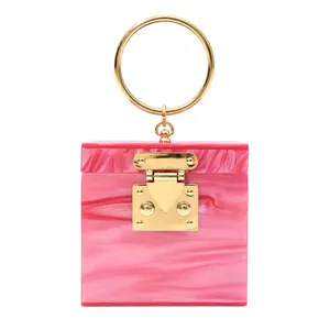 Pink marble acrylic mini box evening bag with a large golden circular top handle