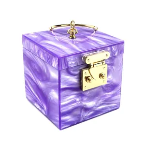 Purple marble pattern acrylic box clutch bag with gold round handle and vintage clasp