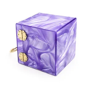Purple marble pattern acrylic box clutch bag with gold vintage metal hinges