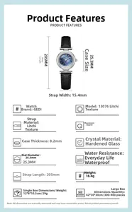 Detailed specifications of small GEDI quartz watch with blue mother of pearl dial