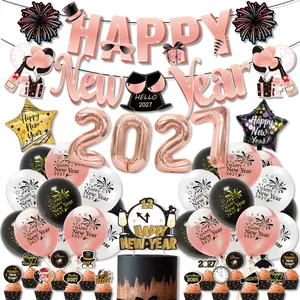 Happy New Year 2026 Party Decorations Foil Latex Balloons Banner Cake Toppers Rose Gold Black Festive Celebration Supplies