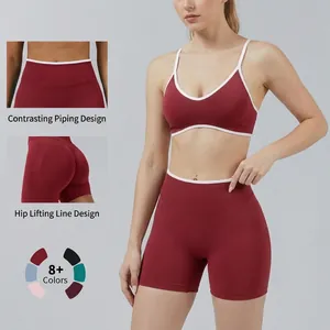 Damen Kontrast-Einfassung Yoga-Set Geripptes Oberteil Und Hose Hohe Taille Butt Lift Sportoutfit Nylon Elasthan Fitnessbekleidung