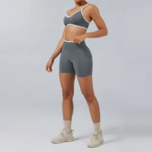 Zweiteiliges nahtloses Yoga-Set für Damen mit Kontraststreifen und Sport-BH