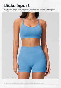 Close-up of sky blue high-stretch sports bra and high-waist fitness shorts on model