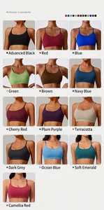 Detail showing 13 different colors of seamless knit sports bras with thin straps